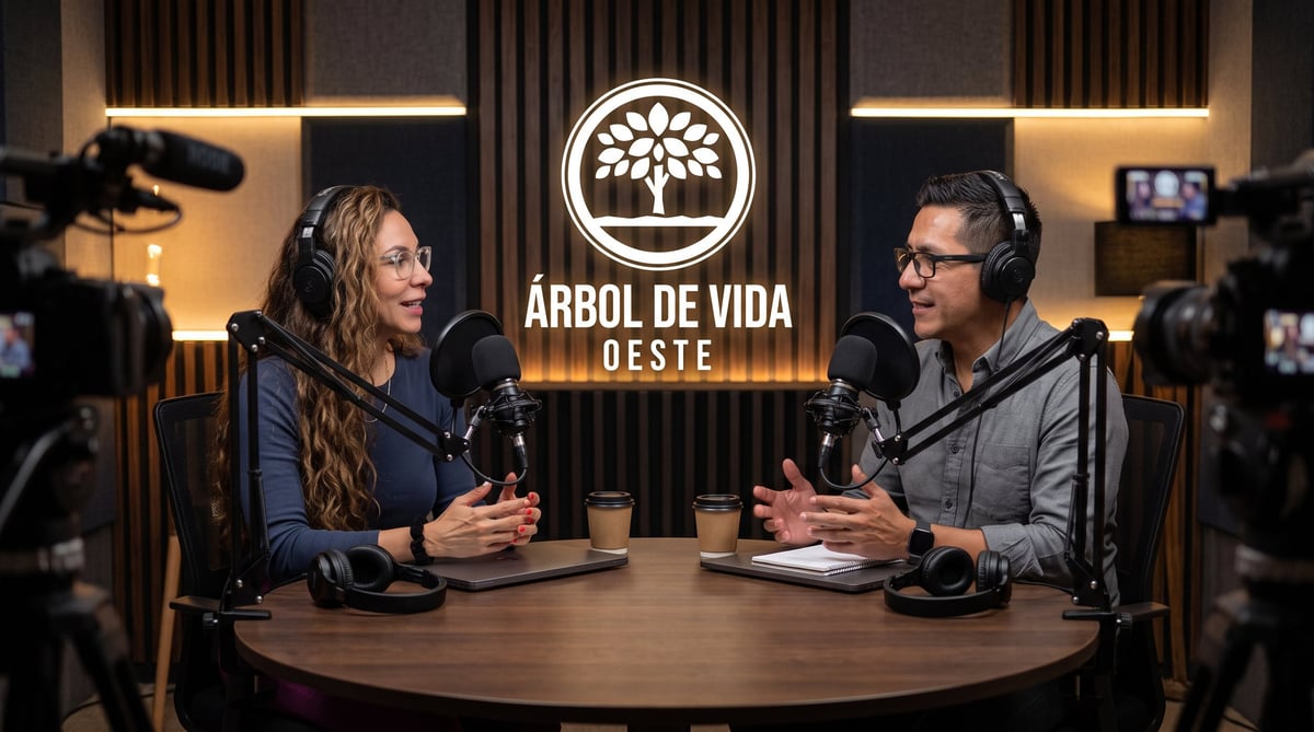 Dos personas sentadas en una mesa redonda durante una entrevista del podcast, con el logo de Árbol de Vida Oeste al fondo